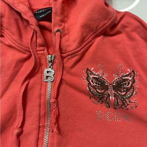 BCBG Butterfly Rhinestones Full Zip Hoodie Women Small Salmon Pink Y2K - Picture 7 of 12